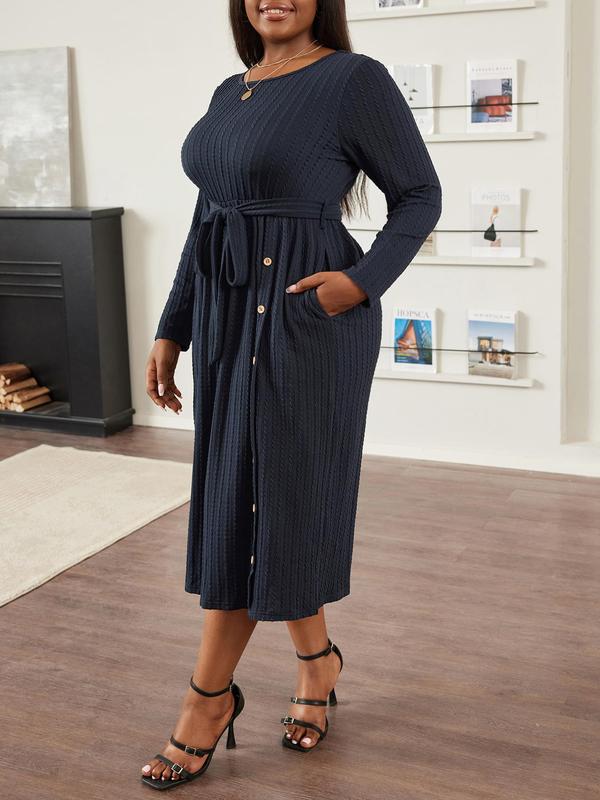 CURVZY Plus Size Jacquard Belted Button Pocket A Line Dress, Casual Long Sleeve Round Neck Midi Dress for Fall & Winter, Women's Plus Clothes for Daily Wear, Tiktok Shop Black Friday, Black Friday Haul